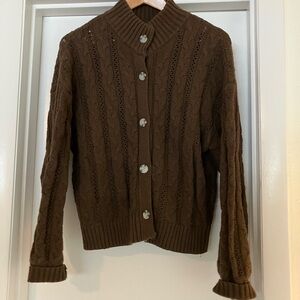 Able Ruth Cable Knit Cropped Cardigan, Brown, Size Medium